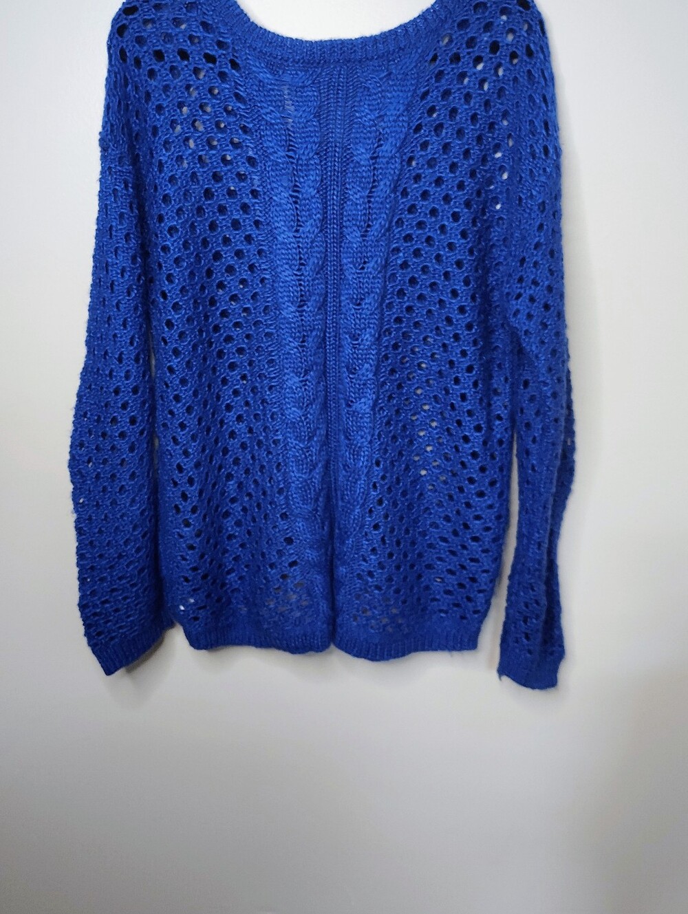 Blue Open Knit Cable Knit Sweater Oversized Wool Blend Pullover - Picture 3 of 7